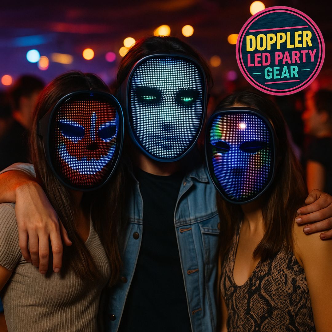 Doppler Smart LED Feestmasker – Draadloos, oplaadbaar masker met kleurrijke LED-verlichting, animaties, teksten en app-bediening voor feest, carnaval en evenementen.