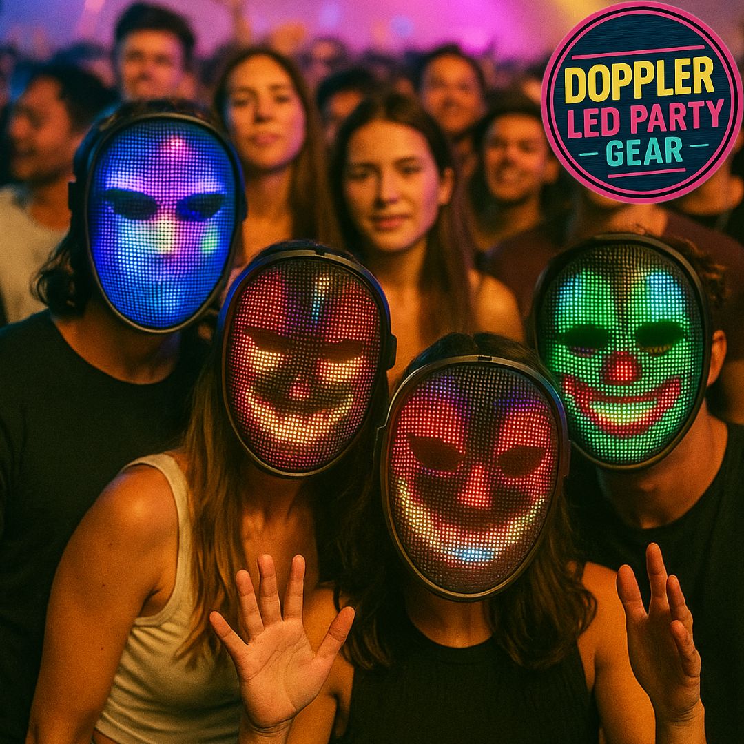 Doppler Smart LED Feestmasker – Draadloos, oplaadbaar masker met kleurrijke LED-verlichting, animaties, teksten en app-bediening voor feest, carnaval en evenementen.