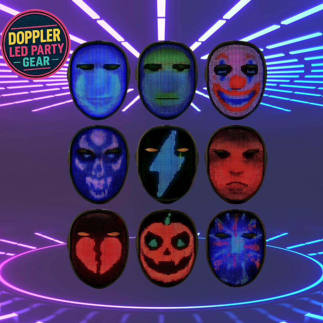 Doppler Smart LED Feestmasker – Draadloos, oplaadbaar masker met kleurrijke LED-verlichting, animaties, teksten en app-bediening voor feest, carnaval en evenementen.