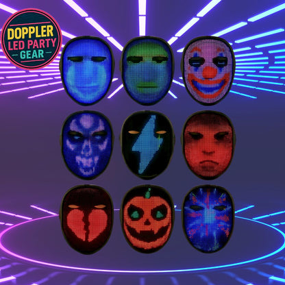 Doppler Smart LED Feestmasker – Draadloos, oplaadbaar masker met kleurrijke LED-verlichting, animaties, teksten en app-bediening voor feest, carnaval en evenementen.