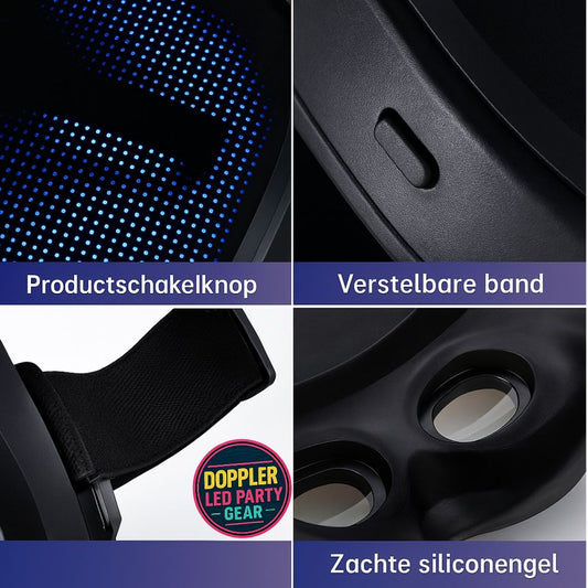 Doppler Smart LED Feestmasker – Draadloos, oplaadbaar masker met kleurrijke LED-verlichting, animaties, teksten en app-bediening voor feest, carnaval en evenementen.