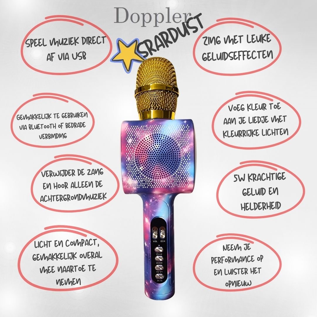 Doppler Stardust Karaoke Microfoon Geluidsverandering en Opname Functie, Verlichte Microfoon - FivesquareNLDoppler Stardust Karaoke Microfoon Geluidsverandering en Opname Functie, Verlichte Microfoon