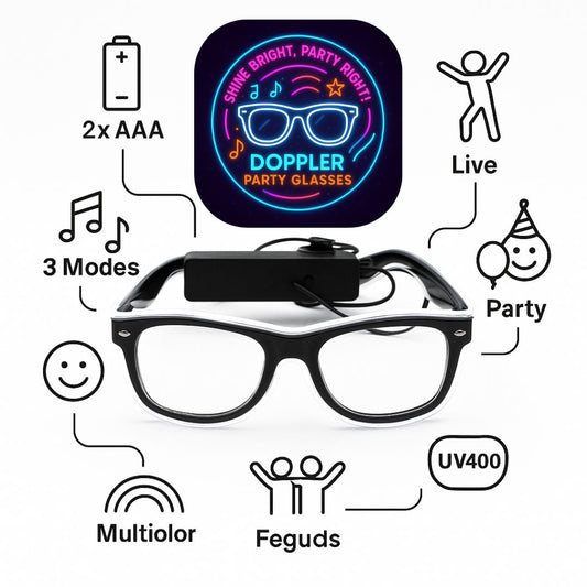 Jonge man met groene LED Doppler feestbril klaar voor Koningsdag – perfect voor festivals, feesten en opvallende looks.