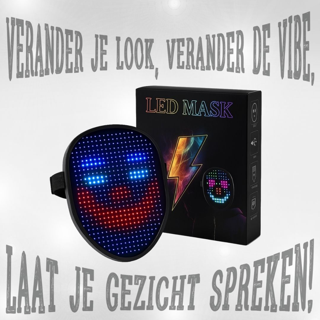 LED gezichtsmasker met kleurrijke animaties en patronen, ideaal voor feestjes, cosplay en festivals. Draadloos en oplaadbaar met comfortabele pasvorm.