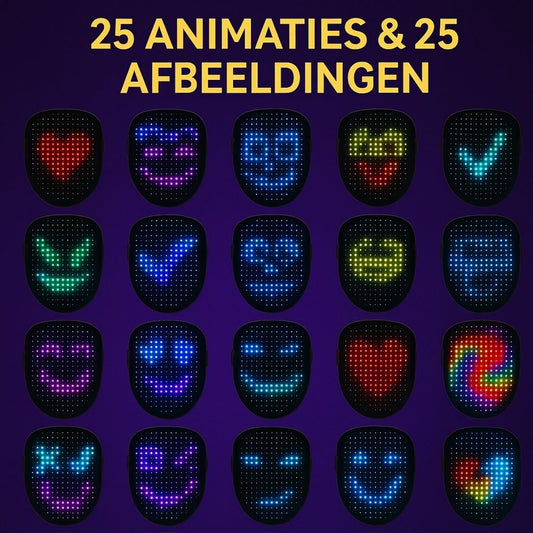 LED gezichtsmasker met kleurrijke animaties en patronen, ideaal voor feestjes, cosplay en festivals. Draadloos en oplaadbaar met comfortabele pasvorm.