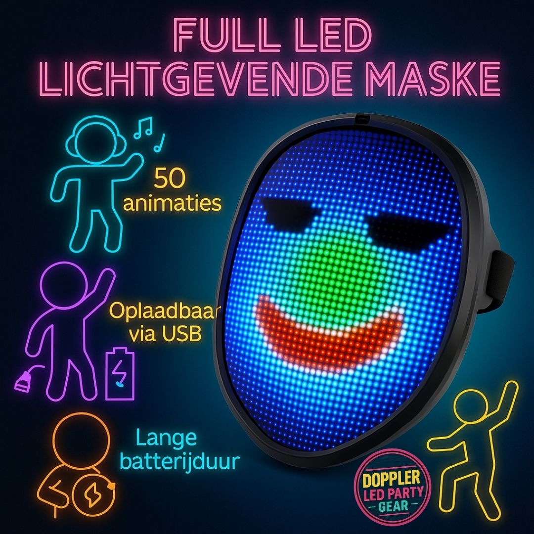 LED gezichtsmasker met kleurrijke animaties en patronen, ideaal voor feestjes, cosplay en festivals. Draadloos en oplaadbaar met comfortabele pasvorm.