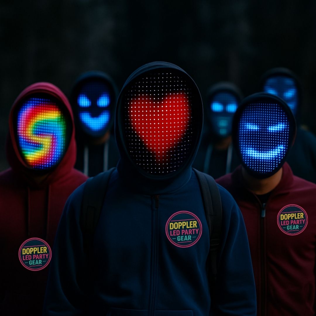 LED gezichtsmasker met kleurrijke animaties en patronen, ideaal voor feestjes, cosplay en festivals. Draadloos en oplaadbaar met comfortabele pasvorm.