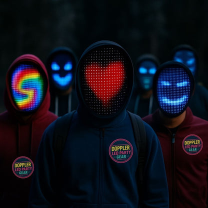 LED gezichtsmasker met kleurrijke animaties en patronen, ideaal voor feestjes, cosplay en festivals. Draadloos en oplaadbaar met comfortabele pasvorm.