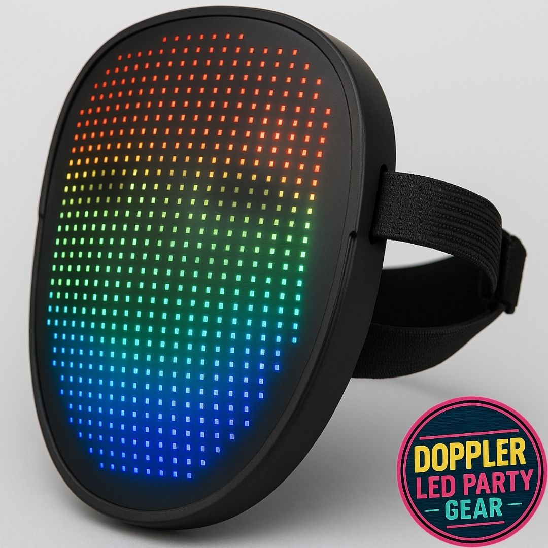LED gezichtsmasker met kleurrijke animaties en patronen, ideaal voor feestjes, cosplay en festivals. Draadloos en oplaadbaar met comfortabele pasvorm.