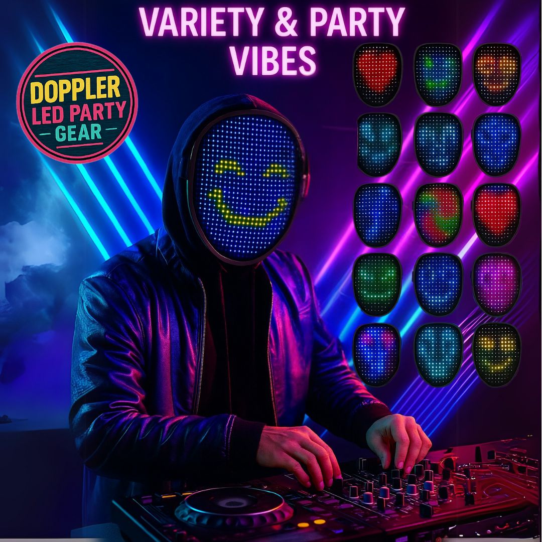 LED gezichtsmasker met kleurrijke animaties en patronen, ideaal voor feestjes, cosplay en festivals. Draadloos en oplaadbaar met comfortabele pasvorm.