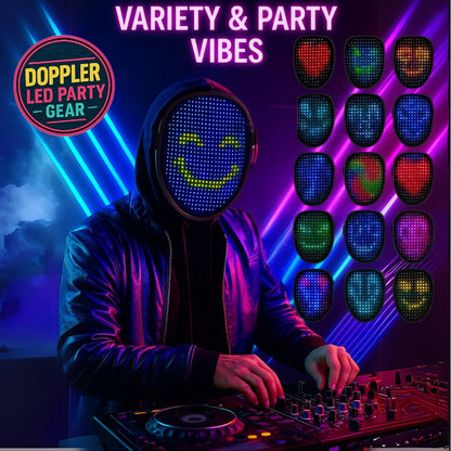 LED gezichtsmasker met kleurrijke animaties en patronen, ideaal voor feestjes, cosplay en festivals. Draadloos en oplaadbaar met comfortabele pasvorm.