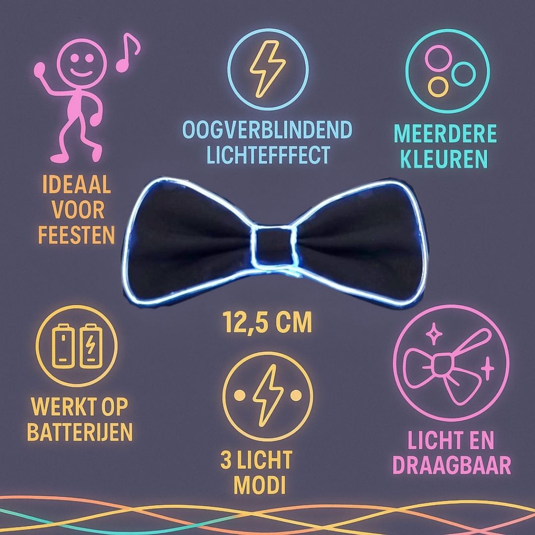 Witte LED vlinderdas van Doppler – lichtgevende feestaccessoire voor Koningsdag, bruiloften, verjaardagen en festivals
doppler witte led vlinderdas koningsdag feestaccessoire