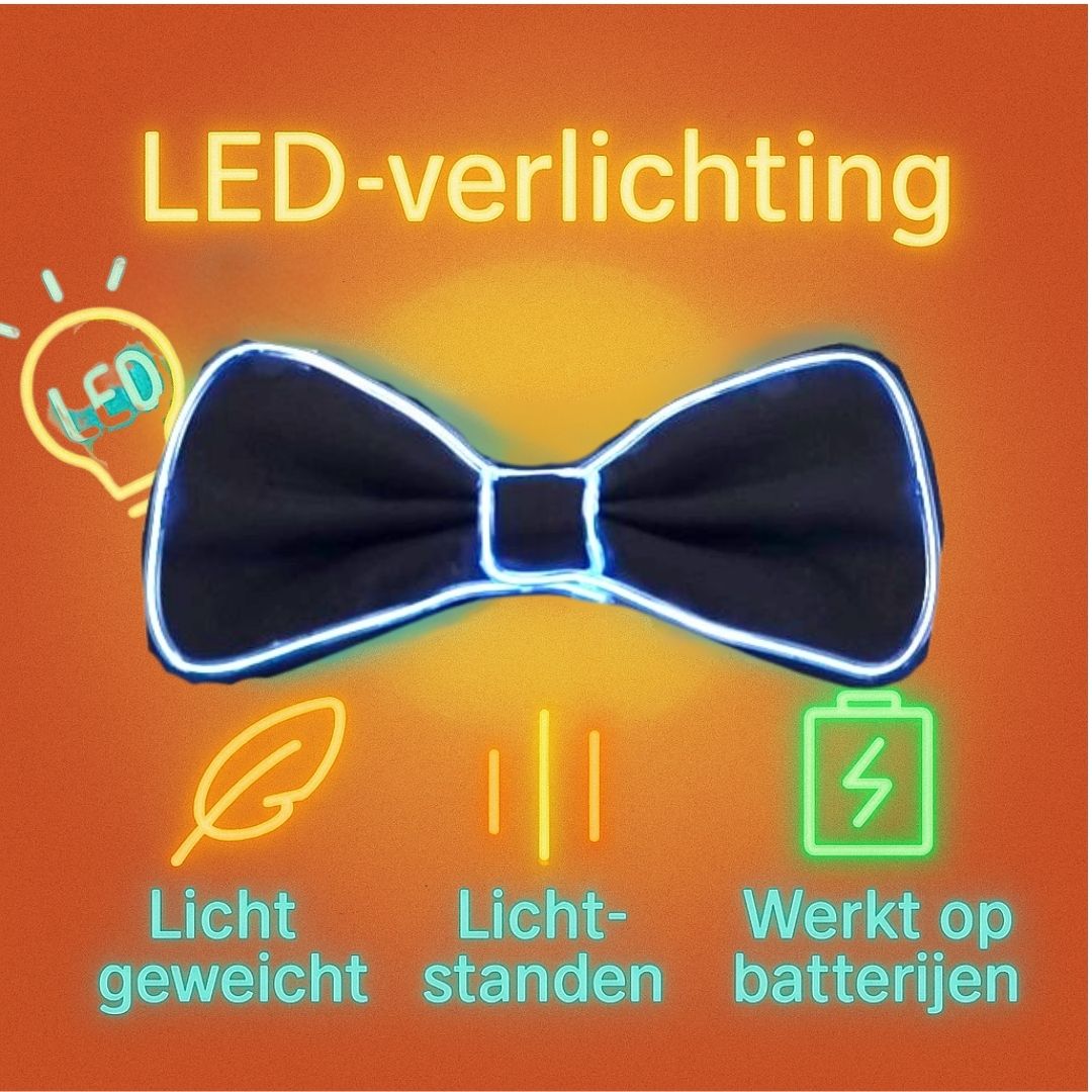 Witte LED vlinderdas van Doppler – lichtgevende feestaccessoire voor Koningsdag, bruiloften, verjaardagen en festivals
doppler witte led vlinderdas koningsdag feestaccessoire