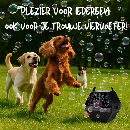 Kinderen en honden spelen met bellen – Eclips bellenblaasmachine met groot effect in de tuin eclips-bellenblaasmachine-buiten-speelgoed-750ml