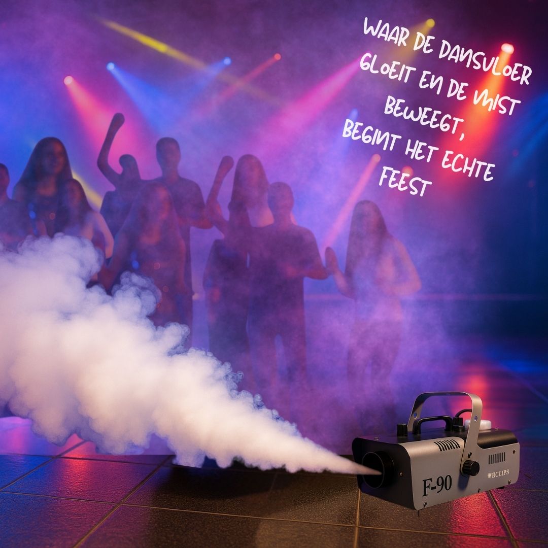 Amsterdamse nachtopname met rook, neonlichten en Eclips F-90 party gear in actie