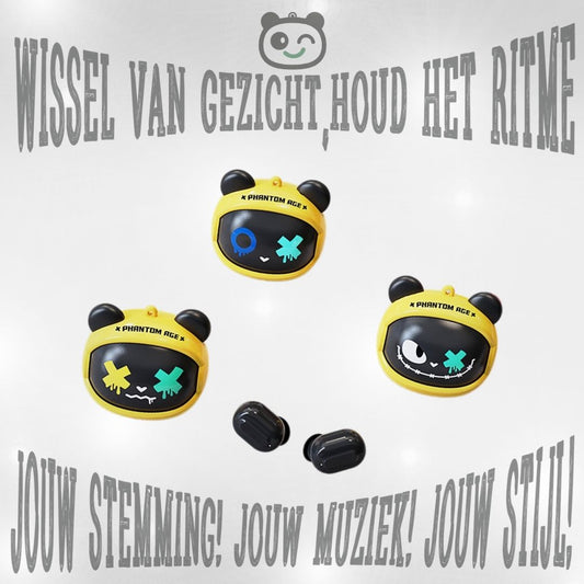Gele beer TWS oordopjes met verwisselbare gezichtjes – cool, vrolijk en helemaal jouw stijl!  