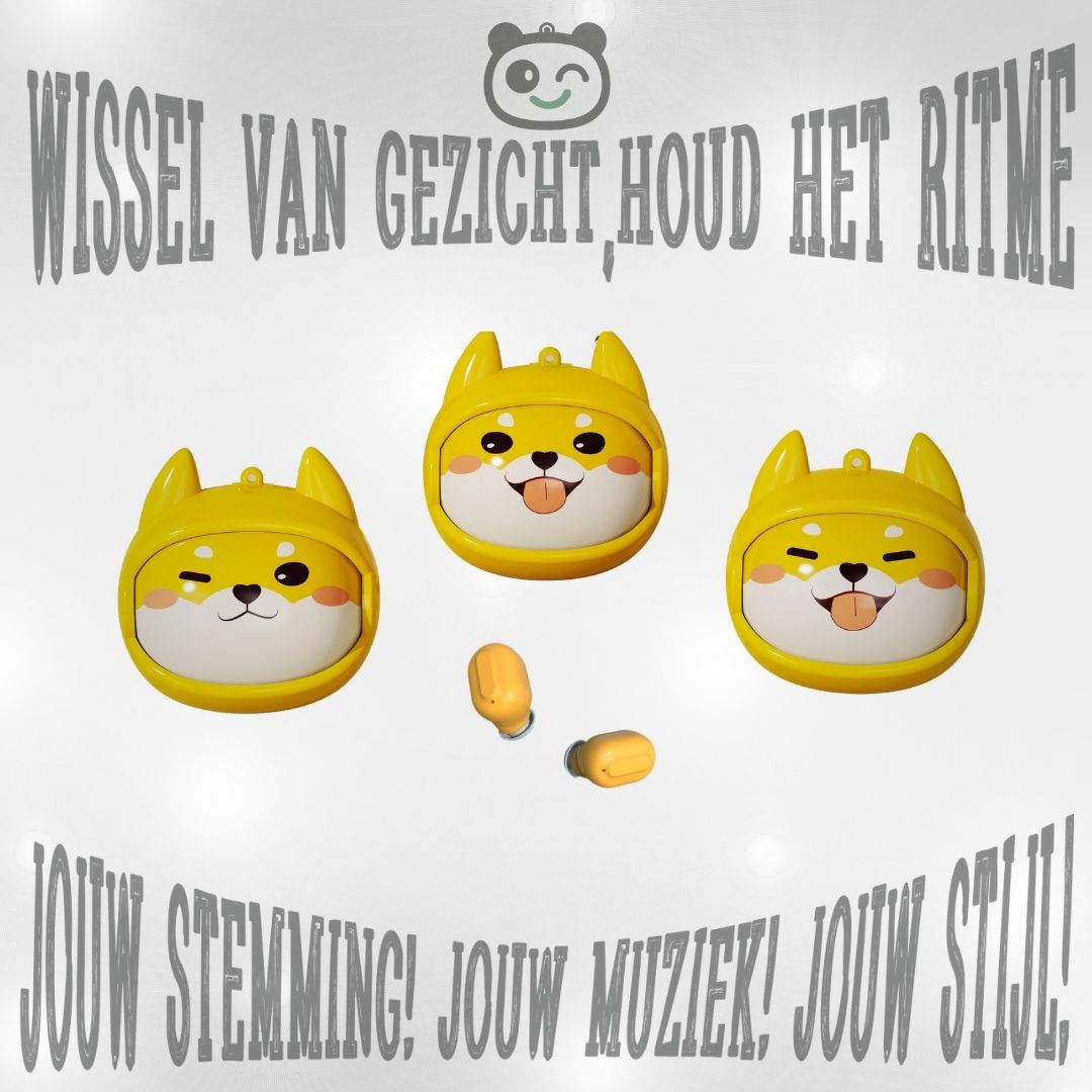 Gele Shiba oordopjes met verwisselbare gezichten – draadloze TWS oordopjes voor kinderen, speels 