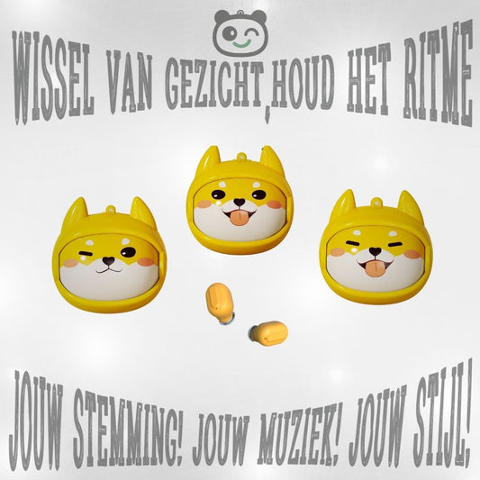 Gele Shiba oordopjes met verwisselbare gezichten – draadloze TWS oordopjes voor kinderen, speels 