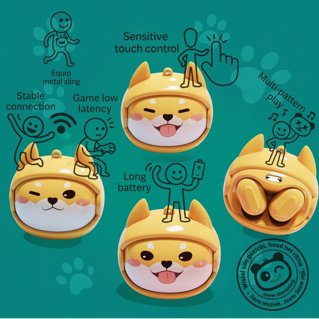 Gele Shiba oordopjes met verwisselbare gezichten – draadloze TWS oordopjes voor kinderen, speels en stijlvol.