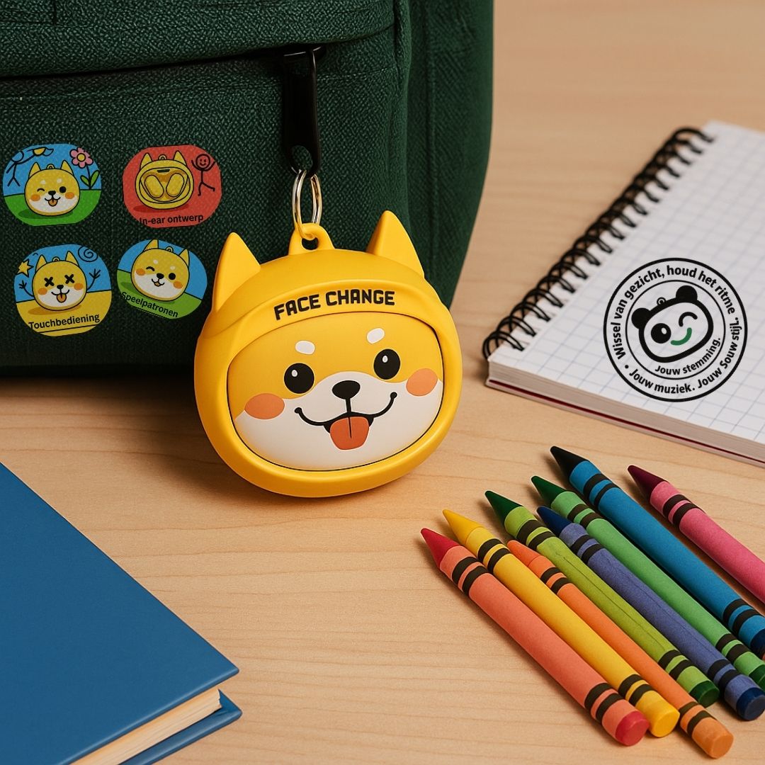 Gele Shiba oordopjes met verwisselbare gezichten – draadloze TWS oordopjes voor kinderen, speels en stijlvol.