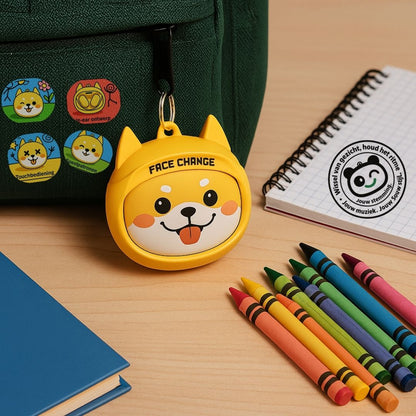 Gele Shiba oordopjes met verwisselbare gezichten – draadloze TWS oordopjes voor kinderen, speels en stijlvol.