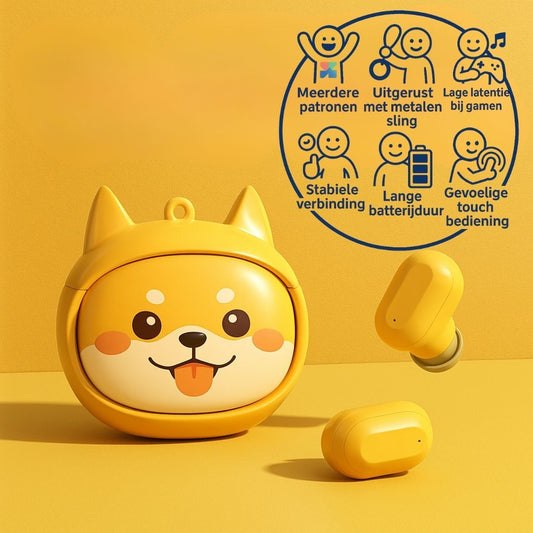 Gele Shiba oordopjes met verwisselbare gezichten – draadloze TWS oordopjes voor kinderen, speels en stijlvol.