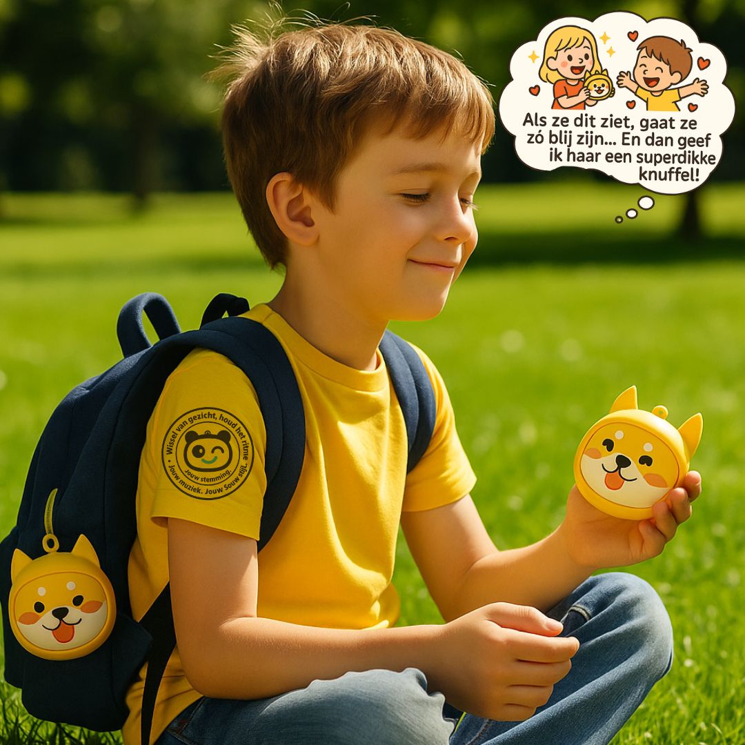 Gele Shiba oordopjes met verwisselbare gezichten – draadloze TWS oordopjes voor kinderen, speels en stijlvol.