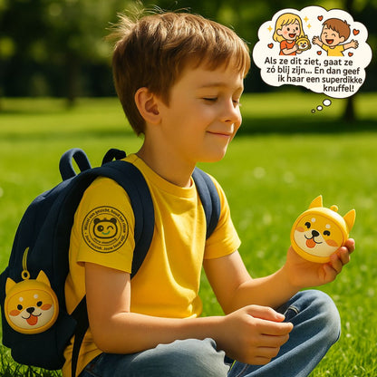 Gele Shiba oordopjes met verwisselbare gezichten – draadloze TWS oordopjes voor kinderen, speels en stijlvol.