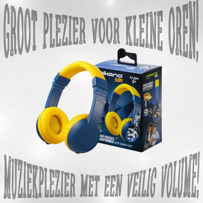 Kindvriendelijke Volkano Kids hoofdtelefoon met zacht kussen, deelpoort en opvouwbaar ontwerp – perfect voor muziekplezier en comfort onderweg.
