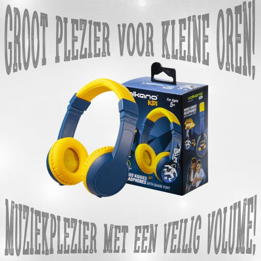 Kindvriendelijke Volkano Kids hoofdtelefoon met zacht kussen, deelpoort en opvouwbaar ontwerp – perfect voor muziekplezier en comfort onderweg.