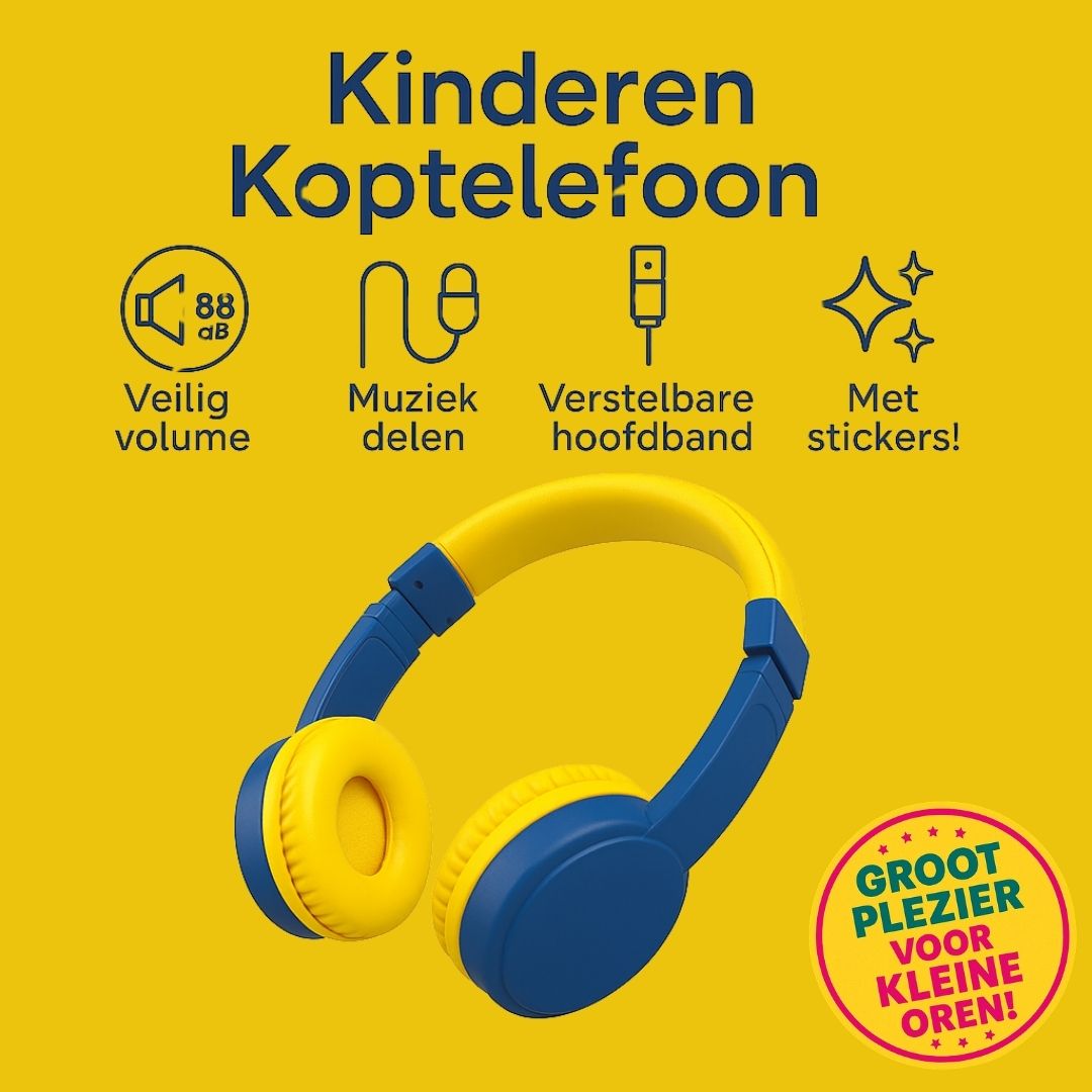 Kindvriendelijke Volkano Kids hoofdtelefoon met zacht kussen, deelpoort en opvouwbaar ontwerp – perfect voor muziekplezier en comfort onderweg.