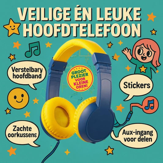 Kindvriendelijke Volkano Kids hoofdtelefoon met zacht kussen, deelpoort en opvouwbaar ontwerp – perfect voor muziekplezier en comfort onderweg.