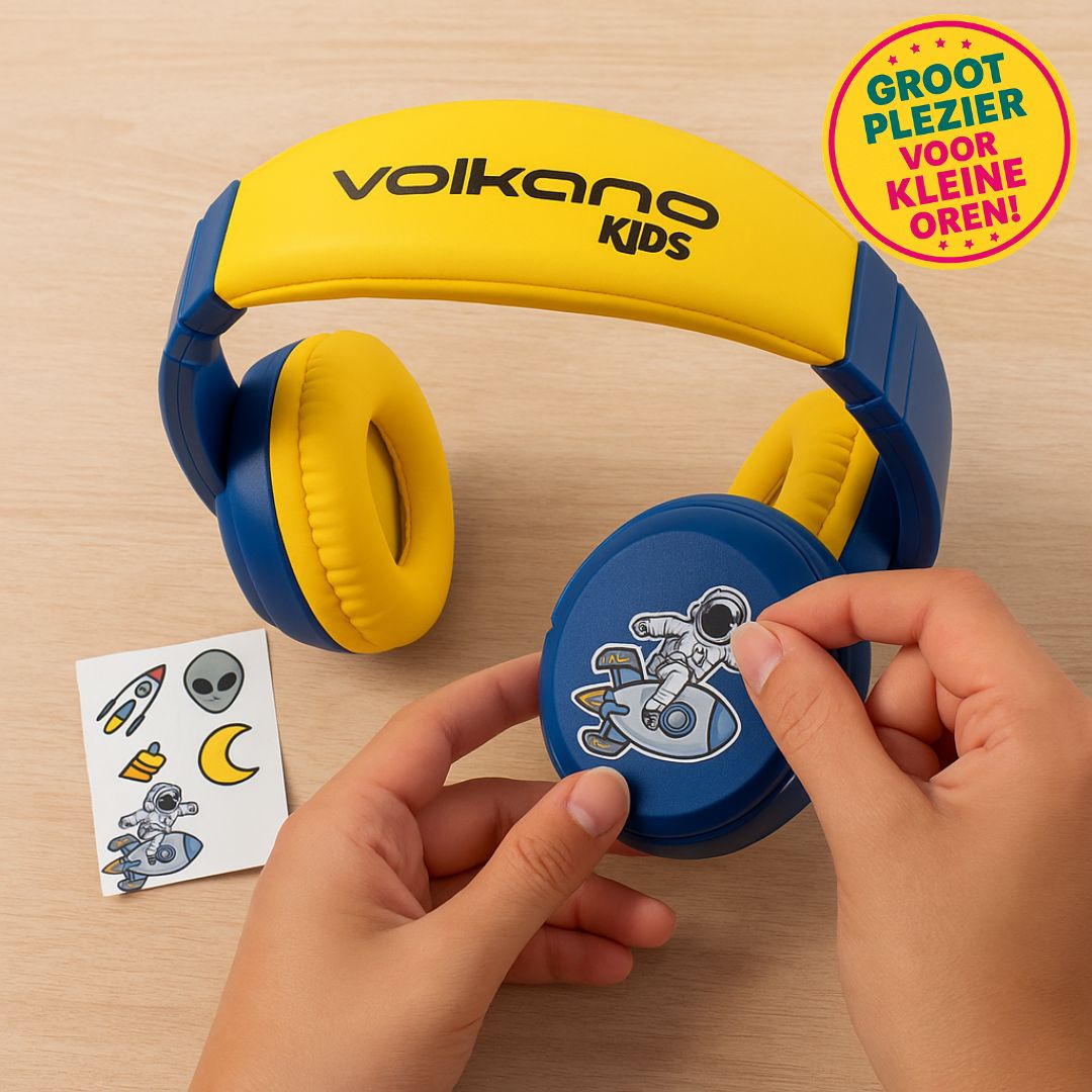 Kindvriendelijke Volkano Kids hoofdtelefoon met zacht kussen, deelpoort en opvouwbaar ontwerp – perfect voor muziekplezier en comfort onderweg.