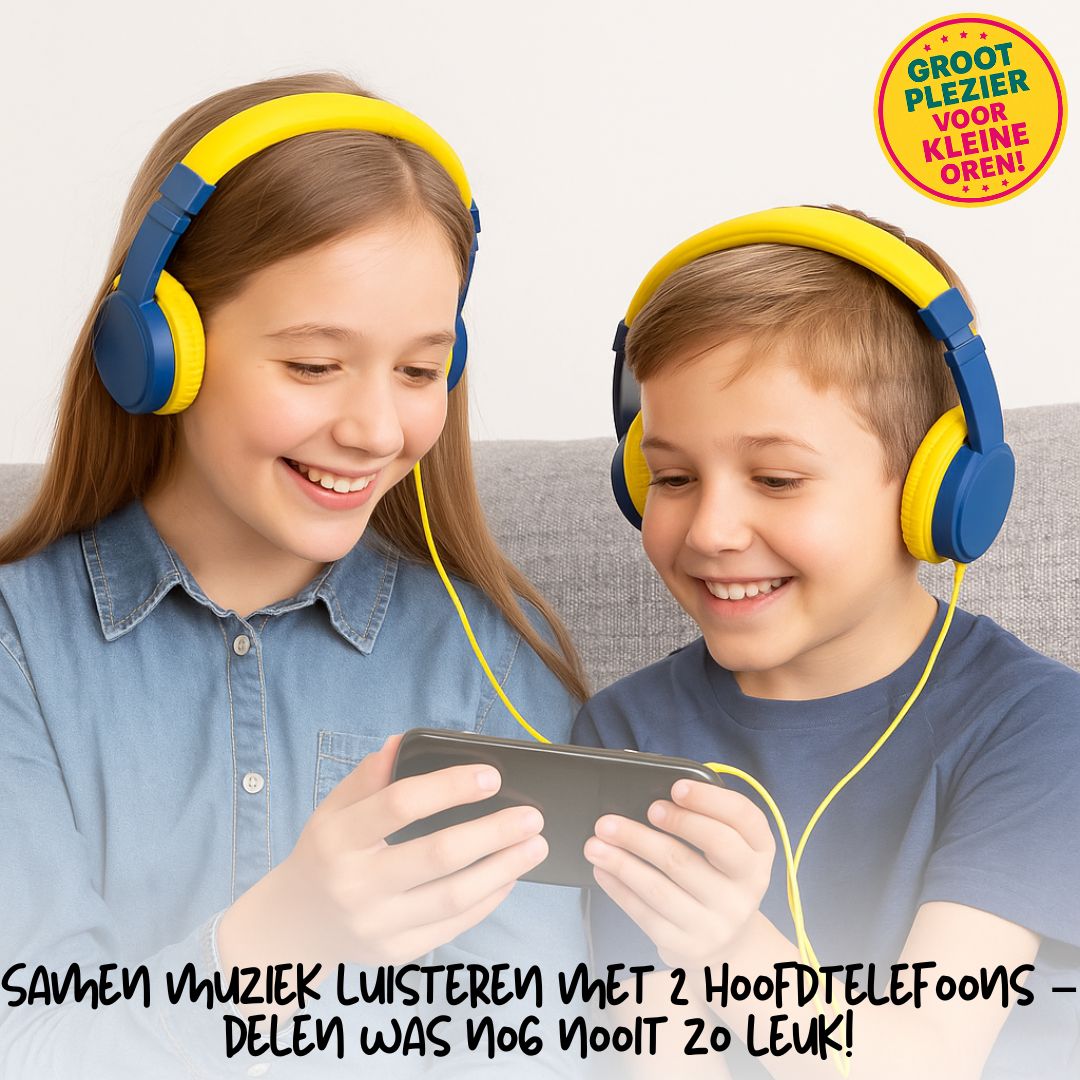 Kindvriendelijke Volkano Kids hoofdtelefoon met zacht kussen, deelpoort en opvouwbaar ontwerp – perfect voor muziekplezier en comfort onderweg.