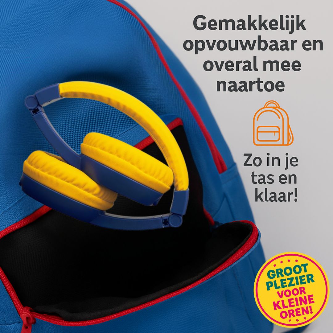 Kindvriendelijke Volkano Kids hoofdtelefoon met zacht kussen, deelpoort en opvouwbaar ontwerp – perfect voor muziekplezier en comfort onderweg.